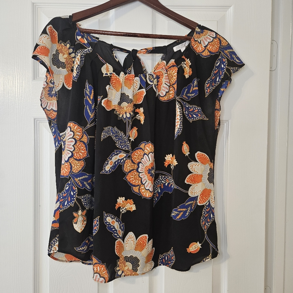 LC Lauren Conrad | Floral Blouse | Black Orange Blue Print | Size L